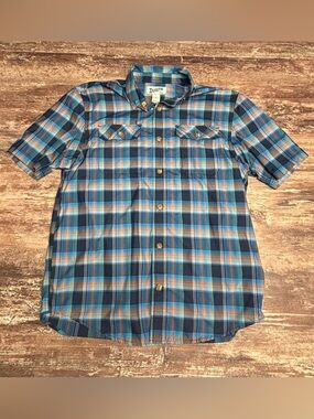 Duluth Trading Co Blue Orange Plaid Short-Sleeve Button-Down Shirt Relaxed Fit M